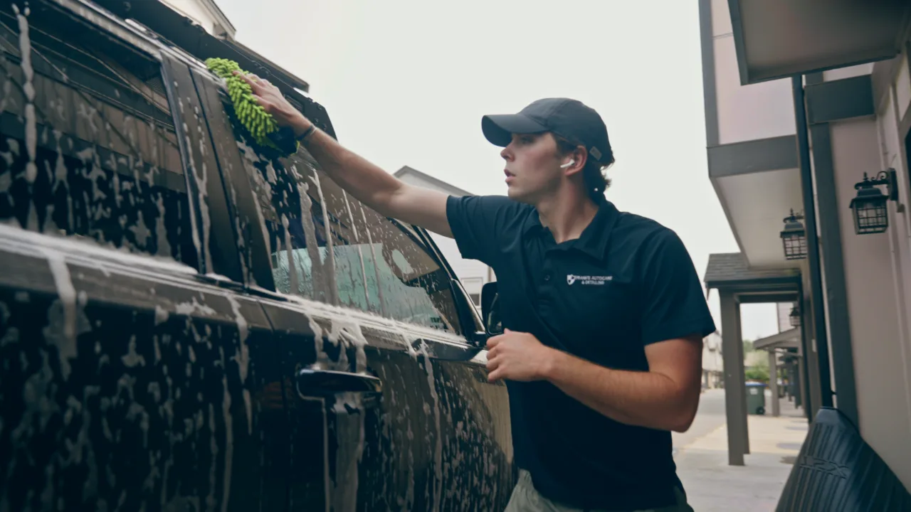 Hand washing a foam-covered SUV with a wash mitt